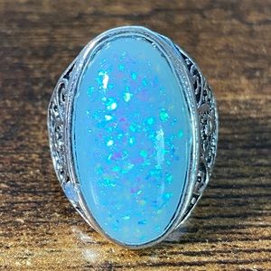 Long Oval Blue Opal Stainless Steel Women’s Ring Size 8